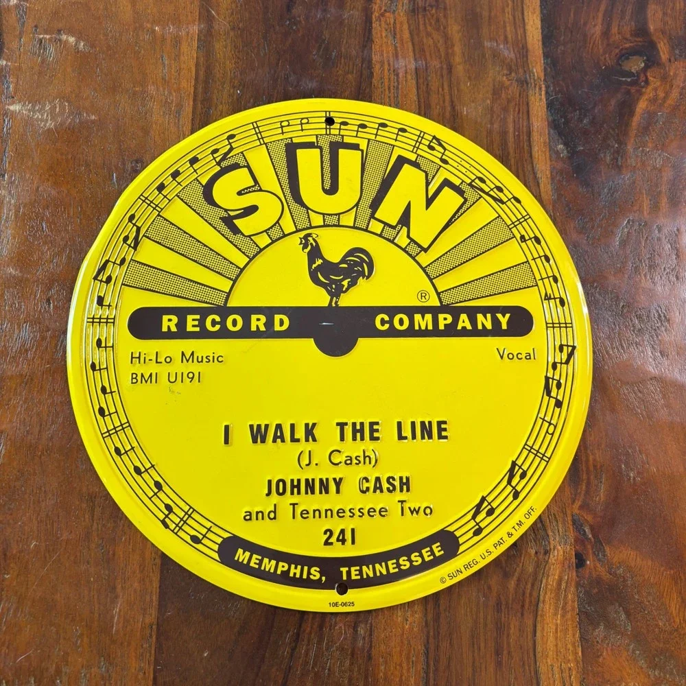 Johnny Cash I Walk The Line Sun Record Company Embossed Metal Sign 12 Inch Round